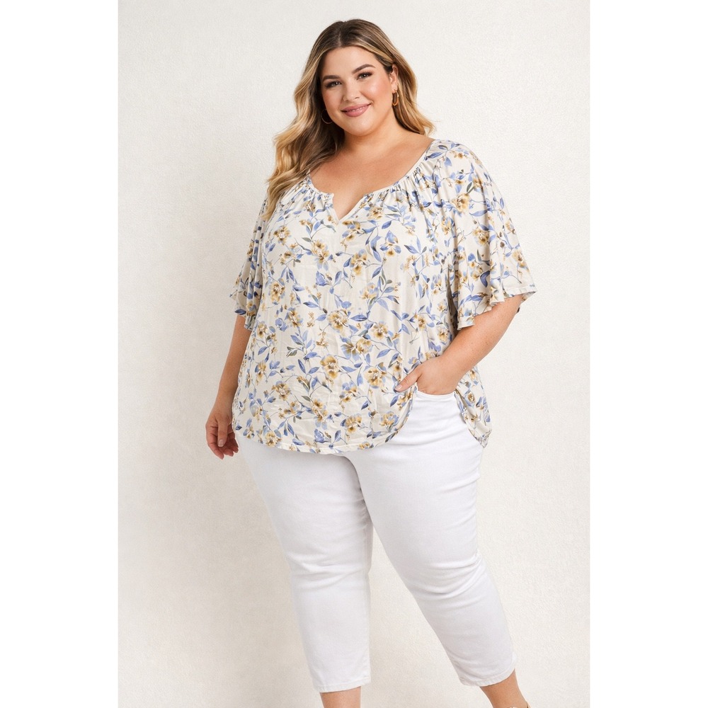 Lane Bryant Slate Blue Floral Flowy V-Neck Bell Sleeve Top Size 26/28 NWT